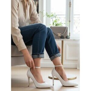 DESIGNER ALDO WHITE LEATHER POINTED TOE ANKLE STRAP HIGH HEEL PUMPS SHOES 7.5 M